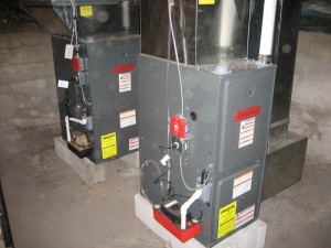 A set of two 90% efficiency Goodman gas furnaces for a church. It was converted from oil to gas.